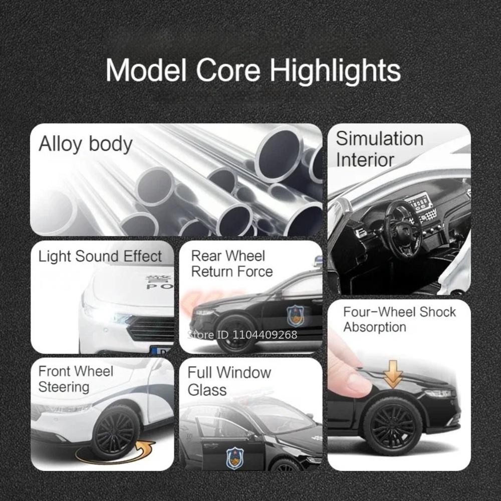 1:32 DongFeng MengShi Honda Accord Police Car Model Toy Metal Diecast Pull Back Doors Opend Vehicles Models Boys Holiday Gifts