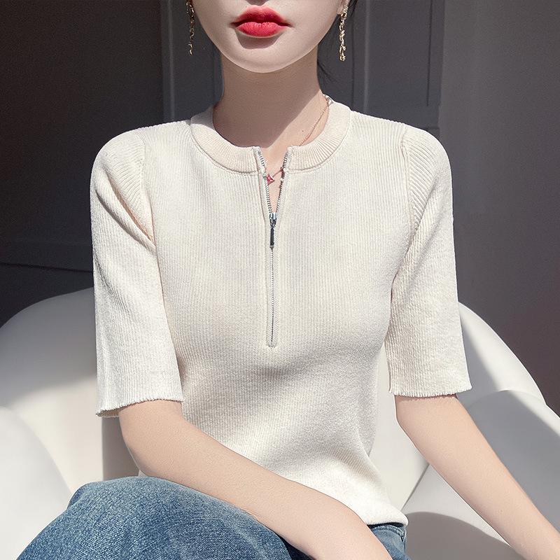 

Женский трикотажный топ с молнией до половины для поездок - Мода весна/лето 2025, Универсальный повседневный стиль с коротким рукавом Medium бежевый