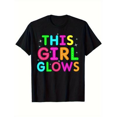 Taglie Europee "This Girl Glows" T-shirt Grafica al Neon - Girocollo Nero, Manica Corta, Tessuto Elasticizzato, Top Casual per Tutte le Stagioni con Rosa e Verde Vivaci