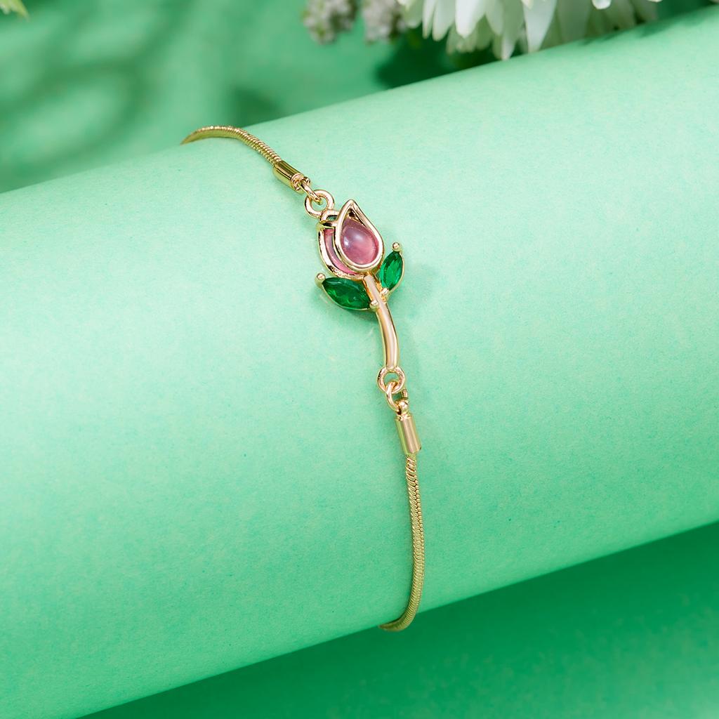 Light Luxury Zircon Tulip Flower Clavicle Chain Necklace for Women Elegant Brass Pendant Bracelet Fashion Party Jewelry Gift