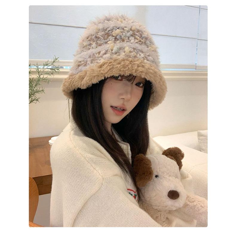 Women S Striped Knitted Bucket Hat Winter Warm Plush Ear Protection Hat