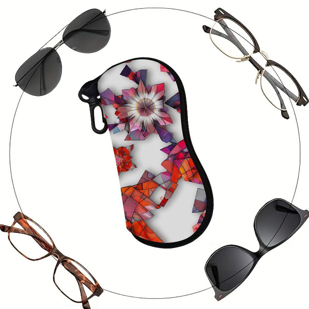 2D-Abstract Geometric Floral Art Print Sunglasses Case, Zipper Eyeglasses Protective Holder, Stylish Portable Travel Eyewear Pouch for Women Men
