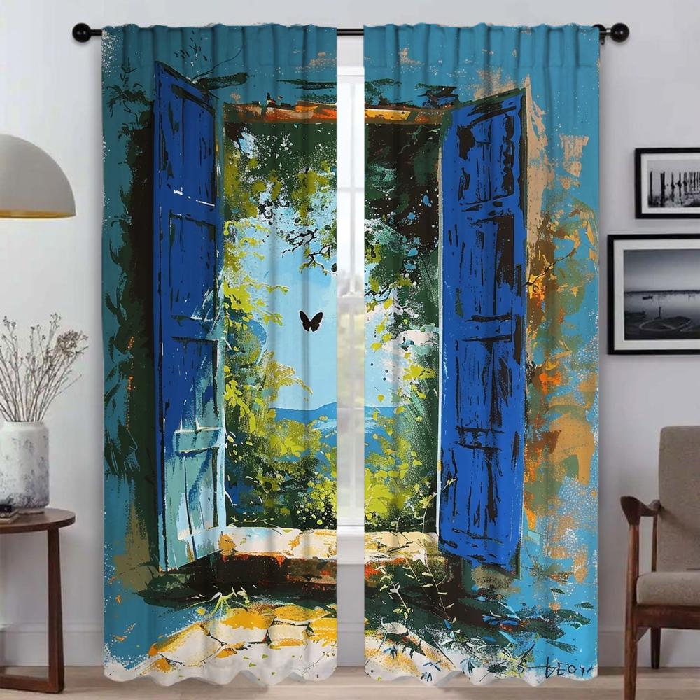 Blue Window Blackout Curtain for Room 2 Panel Home Interior Curtains Partition Tulle for Bedroom Shades Halloween Decoration
