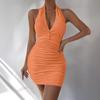 Summer New Arrival Women's Clothing V-neck Halter Backless off-Shoulder Sexy Minimalist Ruched Dress