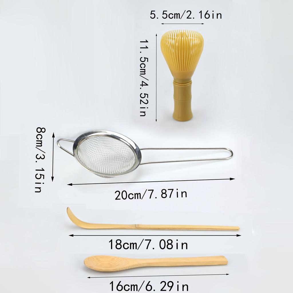 4dílná sada metliček Matcha - Plastová metlička, Sítko na čaj, Lžička, Lžička, Sítko, Perfektní startovací sada Matcha pro čajový obřad Matcha