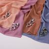 Chiffon Long Ethnic Shawl With Pearl Rhinestone Flower Burned Edge