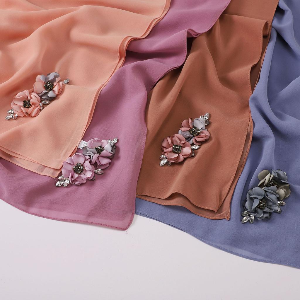 Chiffon Long Ethnic Shawl With Pearl Rhinestone Flower Burned Edge