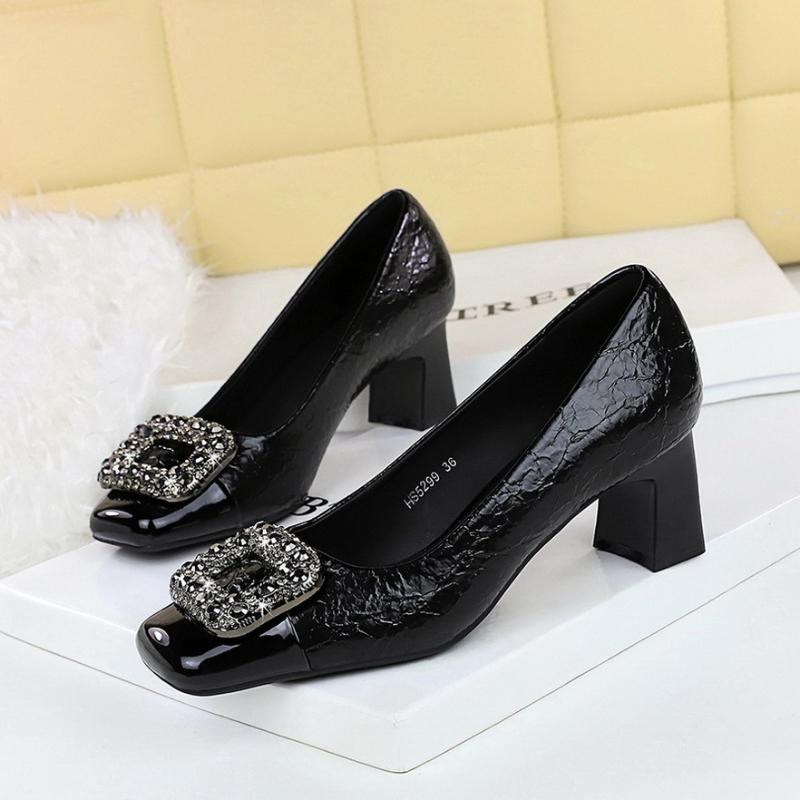 Fashion Banquet Thick Heel Women's Shoes Color-Blocked Square Toe Light Mouth Sparkling Metal Buckle High Heels Single Shoes