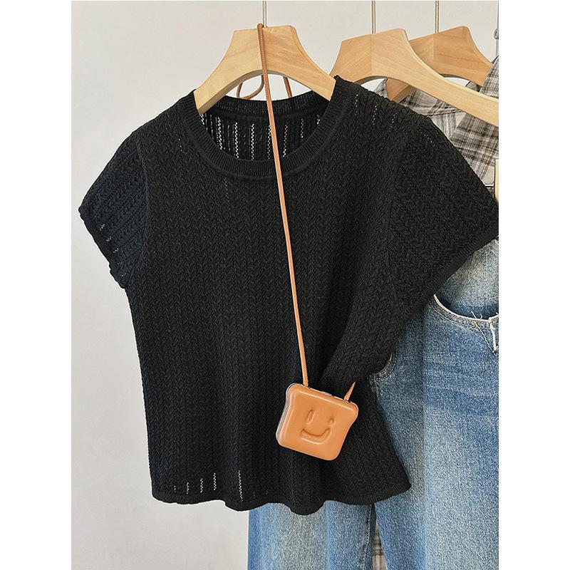 Thin Ice Silk Hollowed-out Knitted Sweater Short-sleeved T-shirt Women's Summer New Round Neck Slim-fitting and Thin Versatile Short Top
