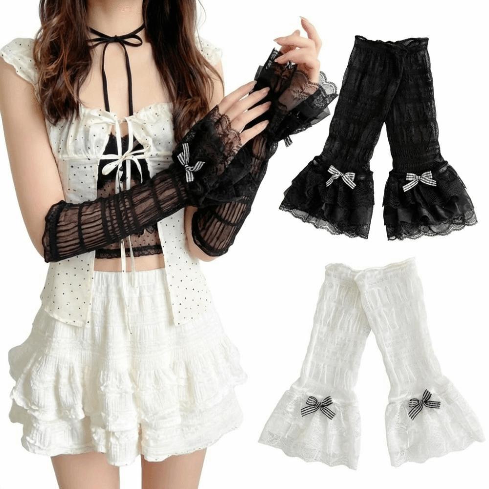 1 Pair Thin Lace Lace Arm Sleeves Bowknot Design Breathable Lace Fingerless Gloves Sun Protection Sleeves Daily Wear