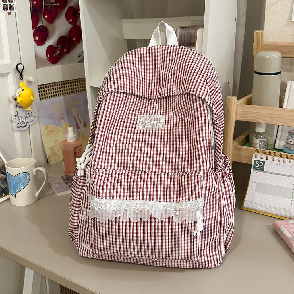 Schoolbag Milk Huhu Plaid Lace Backpack Girl Heart Travel Small Backpack Japanese Sweet Wind Student Party School Bag