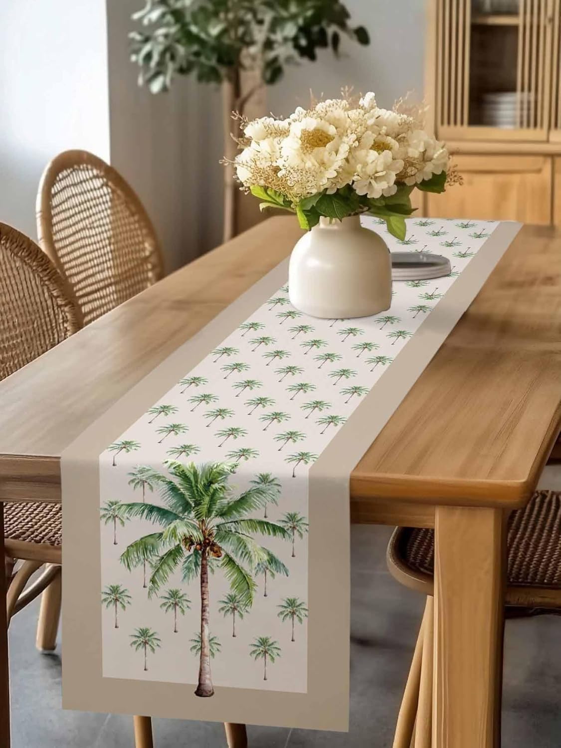 Chemin de table en lin cocotier côtier d'été Décorations de maison Plantes tropicales Chemin de table de cuisine et de salle à manger Décor de fête de vacances 150x33cm