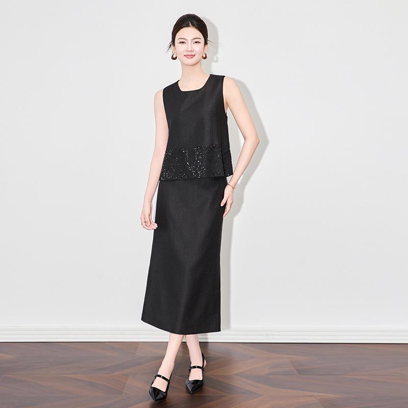 French Sequin Embroidery Vest & Tencel Midi Skirt Two-Piece Set for Women