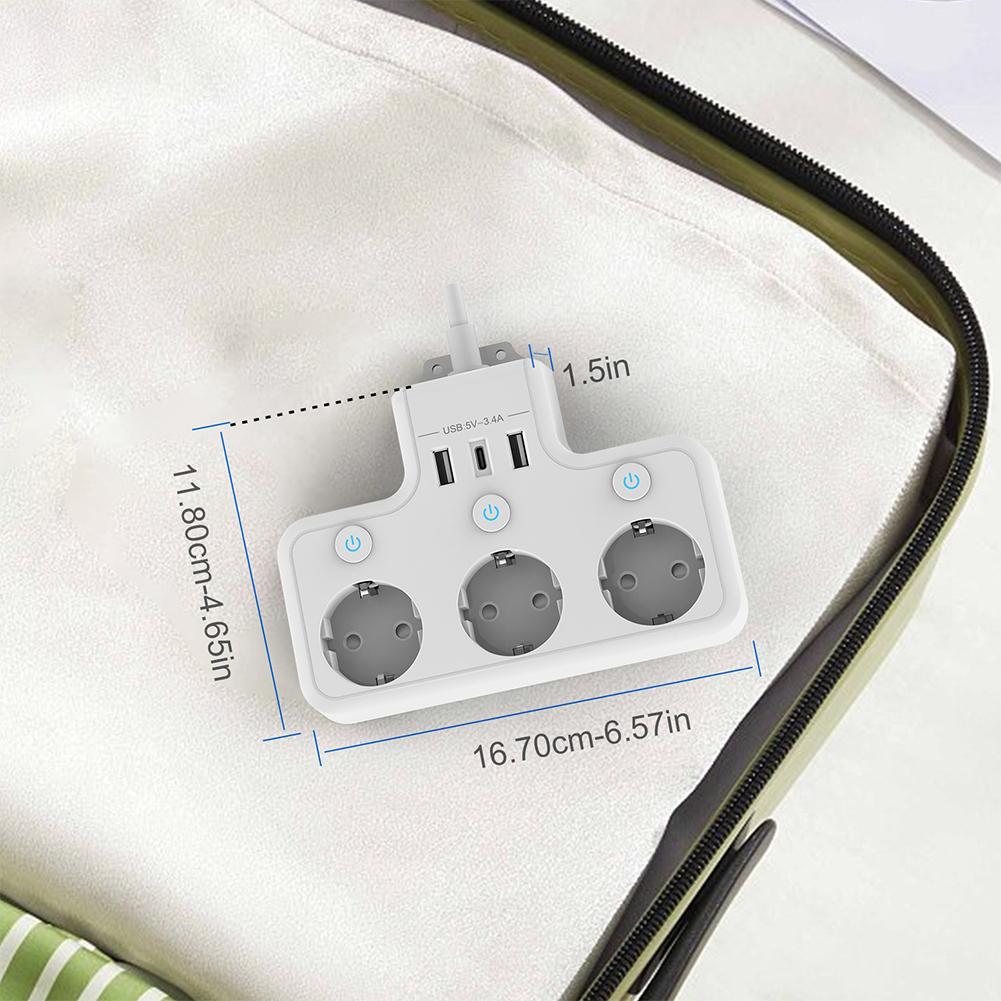Power Strip 3-Way Cord Socket Multiple Socket Travel  Max 4000W Outlets Charging Ports EU -Plug Wall Power Strip