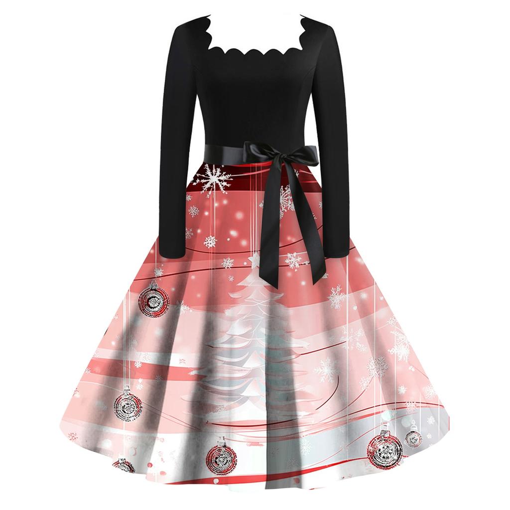 Dámské vánoční šaty s potiskem, čtvercovým výstřihem a velkým lemem, šaty s dlouhým rukávem