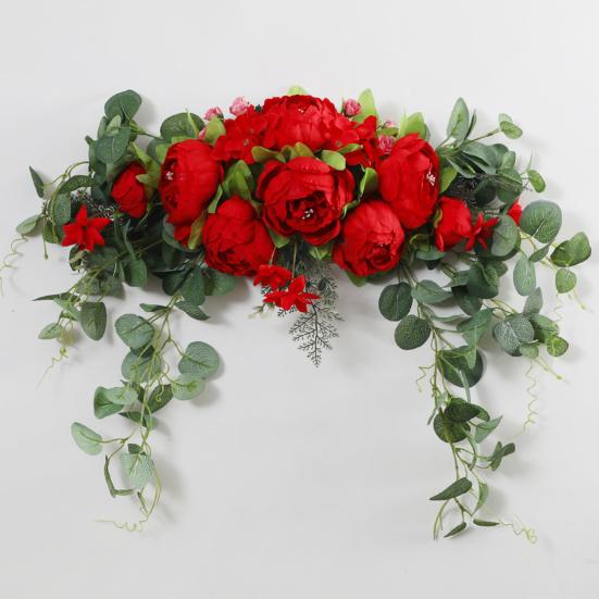 Artificial Peony Flower Swag with Green Leaves Wedding Party Arch Flower Welcome Sign Decorative Floral Swag Door Lintel Wall Window Decor