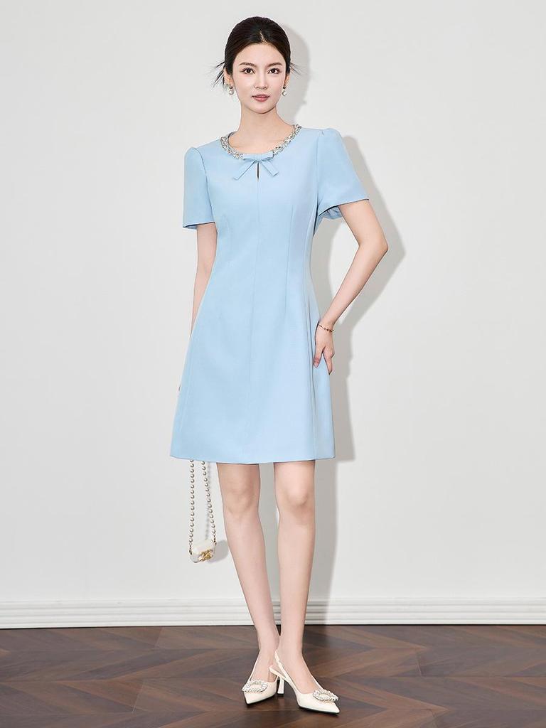 Women's Qianjinfeng Slim Short Sleeve Dress with Nail Diamond Collar