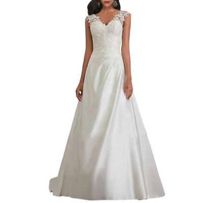 Wedding Dress for Bride Lace Applique V-Neck Sleeveless Bridal Dress Satin Formal Dress Prom Cocktail Evening Party Gown