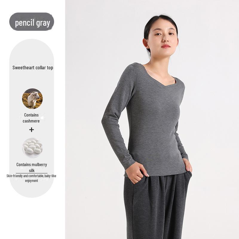 Peach Heart Collar Cashmere Silk Thermal Underwear Set – Women's High Waist Autumn/Winter Clothes and Pants