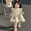 Girls Summer Cotton Dress with Bunny Print and Bow Single Layer Princess
