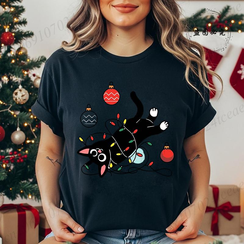 Kitten Xmas Tree Unisexs Casual TShirt Black Cat Christmas Graphic Print TShirts Tops Meowy Xmas Lights Novelty TShirt Tops