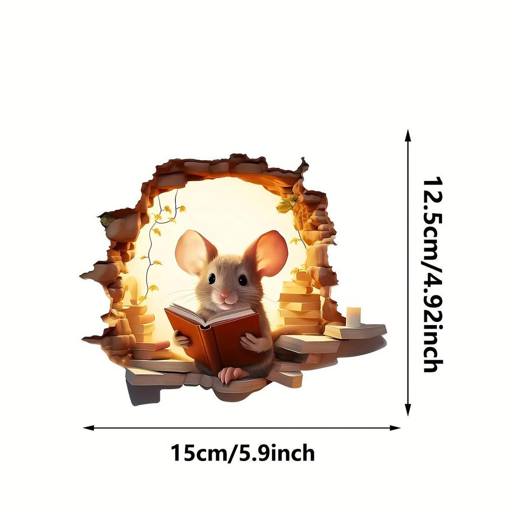 3D Realistischer Wandaufkleber „Lesebuch mit Maus“ – Abnehmbare Vinyl-Kunst für Wohnzimmer, Kinderzimmer, Schlafzimmer – Mattes Finish, selbstklebende Wohndekoration