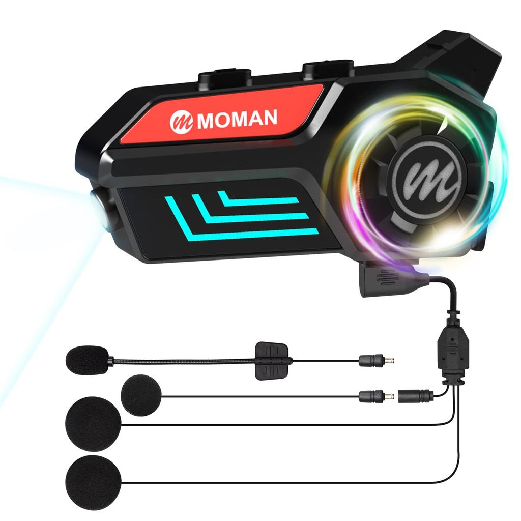 Moman H4S Motorcycle Headset with LED Headlight RGB Voice 32 Hours of Continuous Wireless IPX6 1000mAh Siri Voice Automatic Call Noise Motorcycle