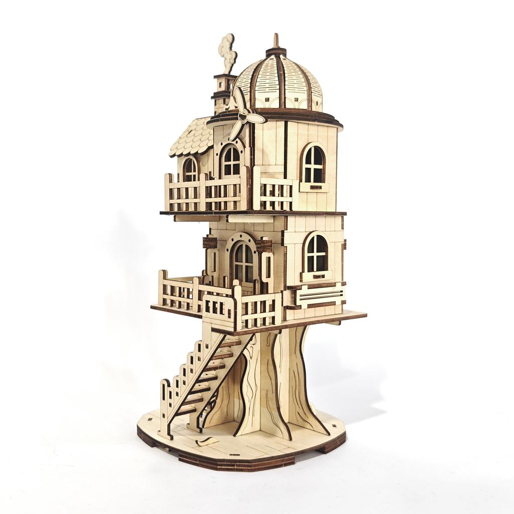3D Wooden Treehouse Puzzle Model - Multi-Level Dome Building Toy with Balcony & Stairs, Handmade DIY Craft for Christmas Hallowe
