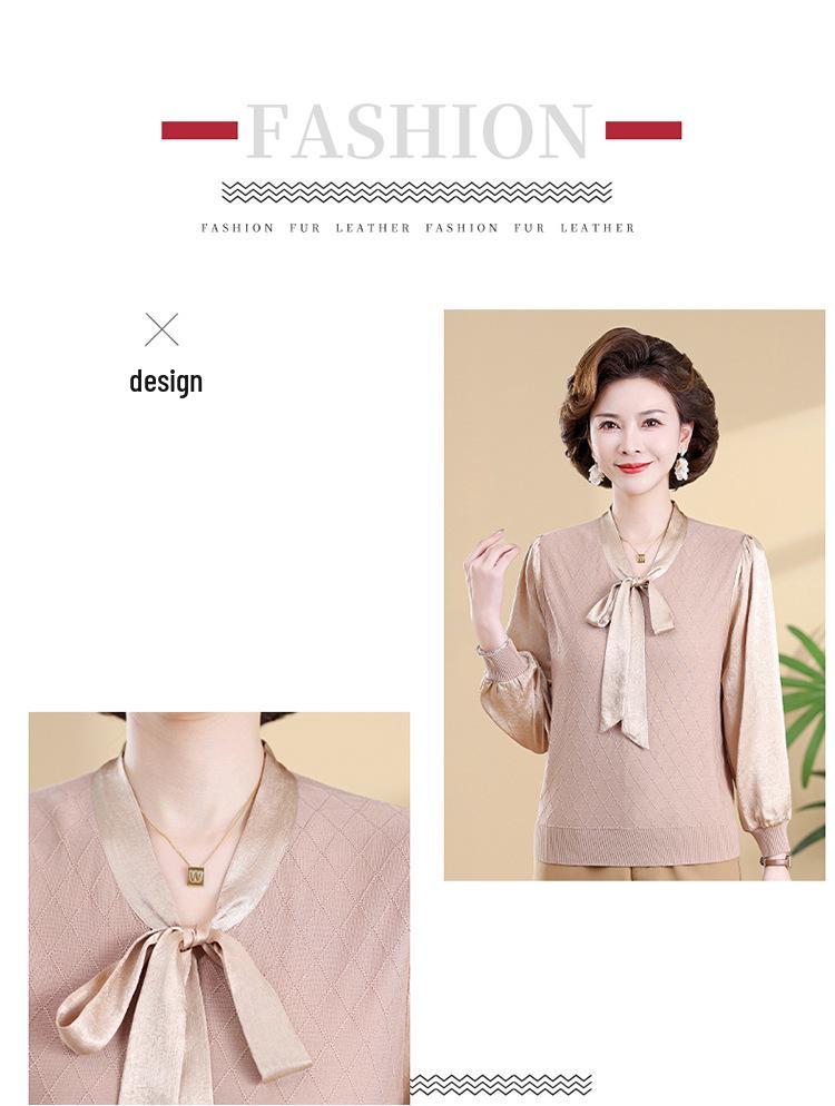 Chic Spring V-Neck Bow Pullover for Mature Women, Lightweight Knit Top for Spring & Autumn