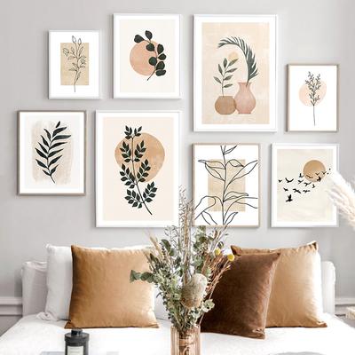 Cuadro sobre lienzo con diseño de pájaro, sol, hojas, jarrón bohemio natural, arte de pared nórdico abstracto, carteles e impresiones, imágenes de pared, decoración para sala de estar