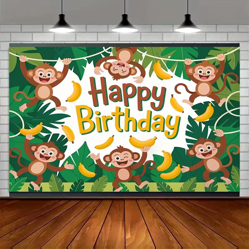 2D Cartoon Monkey Banana Birthday Backdrop Tropical Jungle Background for Children