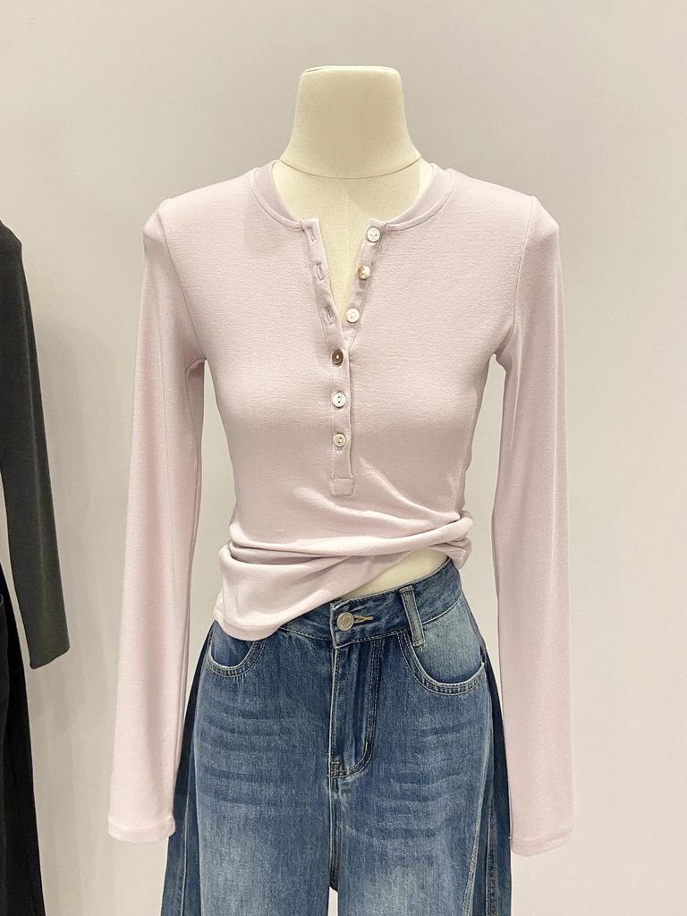 Women's Slim Fit Long Sleeve Henley Collar Mousse Cashmere Top for Spring/Autumn