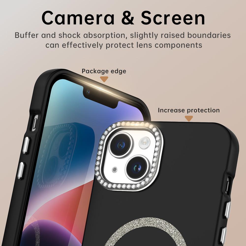 For iPhone 15 Plus/14 Plus Case Compatible with MagSafe TPU+PET Phone Cover with Rhinestone Decor Lens Frame