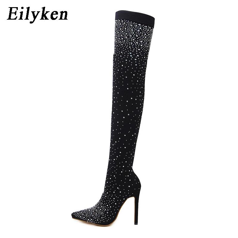 Fashion Eilyken Fashion Runway Crystal Stretch Fabric Sock Over-the-Knee Boot Thigh High Pointed Toe Woman Stiletto Heel Shoes