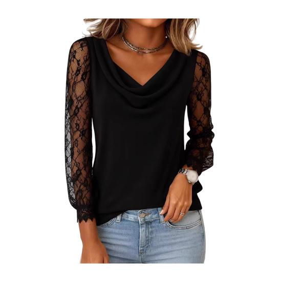 

Women T-shirt Swing Collar Lace Splicing Long Sleeve Pullover Tops Pure Color Anti-Wrinkle Breathable Tee XXL чорний