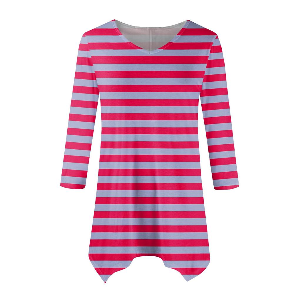 Women's Fashion Casual V-neck Striped Printed Seven-point Sleeve Shirt Belted Loose Comfortable Top