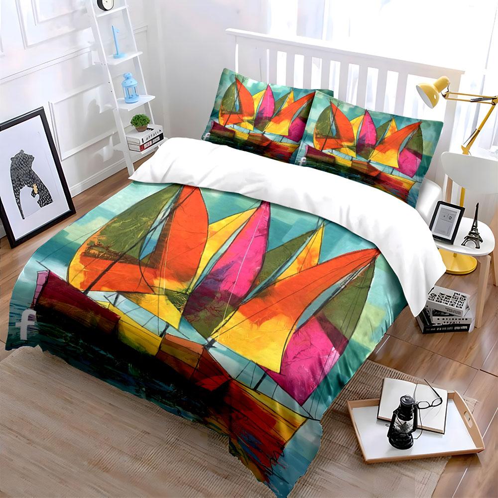 Colorful Sailboat Painting Bedding Duvet Cover Set Duvet Cover Pillowcases  (1*Duvet Cover 2*Pillowcases, Without Duvet Insert)