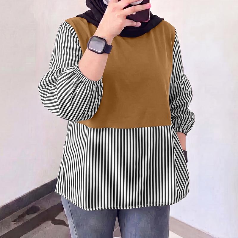 ZANZEA Women Casual Round Neck 3/4 Sleeve Stripe Patchwork Blouse S