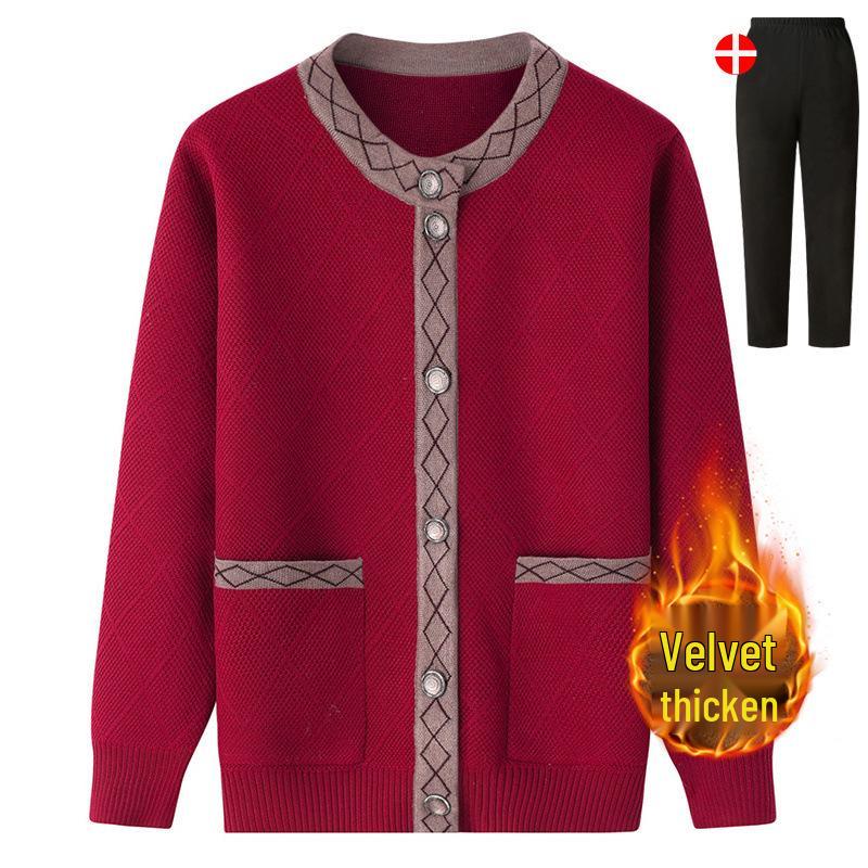 Women's Fleece-Lined Knitted Cardigan for Autumn/Winter - Ideal for Middle-Aged and Elderly.