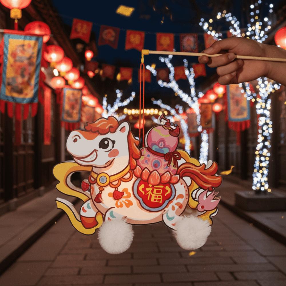 Cartoon New Year Lanterns Traditional PVC Horse Year Lantern Waterproof DIY Material Packages Handheld Lanterns Spring Festival