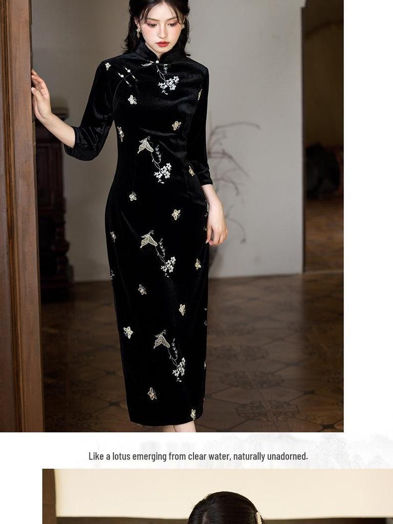 Luxurious Black Velvet Long-Sleeve Cheongsam: High-End, Unique Chinese Style Dress