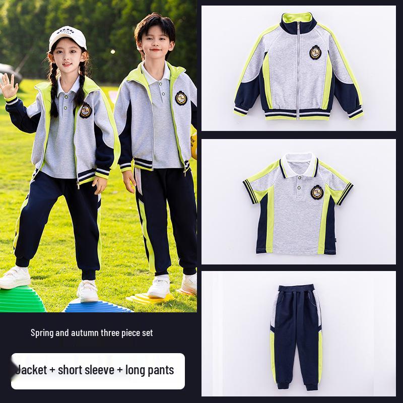 Zestaw 3-częściowy mundurek przedszkolny i podstawówkowy w stylu preppy na wiosnę i jesień. Idealny na Dzień Sportu i Jednolite Ubranie Klasowe.