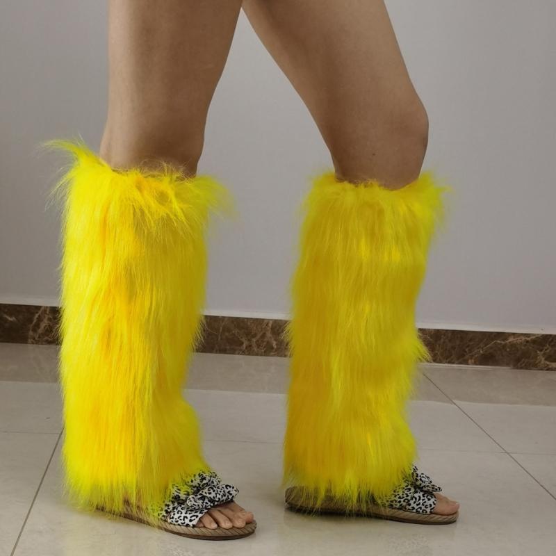 Fuzzy Boot Cuffs Leg Warmer for Women Girl Aesthetic Vintage Solid Color Bright Yellow Plush Leg Cover Knee Length Socks