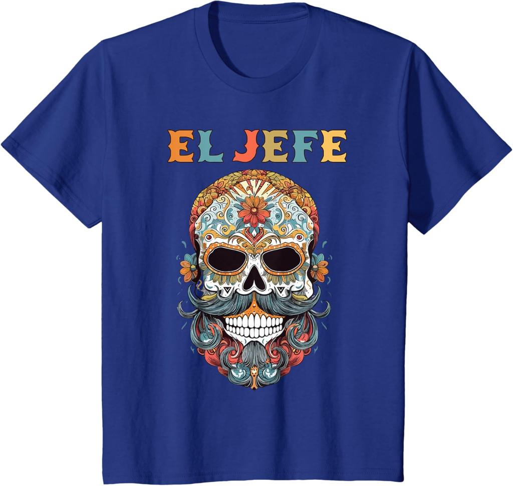 El Jefe Funny Skull Mexican Spanish Dia De Los Muertos T-Shirt Mexican Color Skull Unisex Cotton Tops Tees Harajuku Streetwear