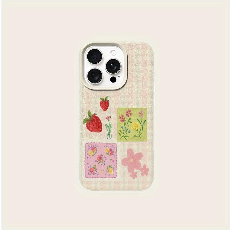 

Strawberry check pattern phone case, suitable for iPhone 17, 16, 15, Plus, Pro, Max series phones - suitable for use as a gift iPhone 16 слонова кістка
