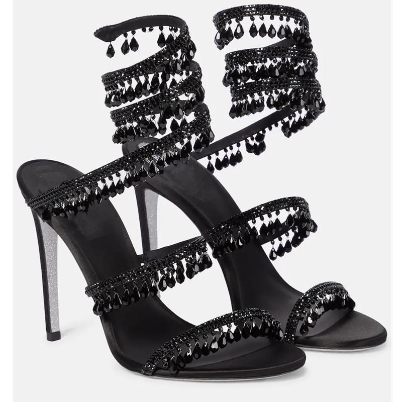 New Crystal Pendant, Snake-shaped Wrapped Rhinestone Tassel Decorative High-heeled Women's Sandals