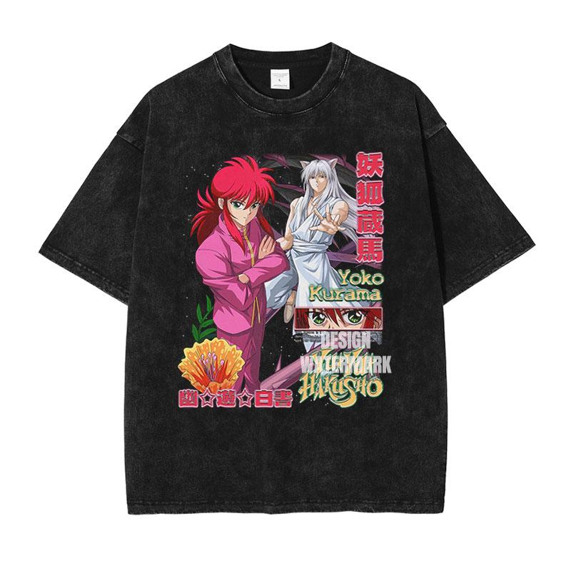 Anime Yu Yu Hakusho Graphic Tshirts Urameshi Yuusuke Manga T Shirt Washed Oversized Tshirt Short Sleeve Cotton Tee Man Clothing