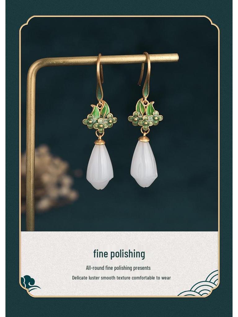 Chinese Magnolia Retro Jade-Style Enamel Earrings - Ideal Mother's Gift