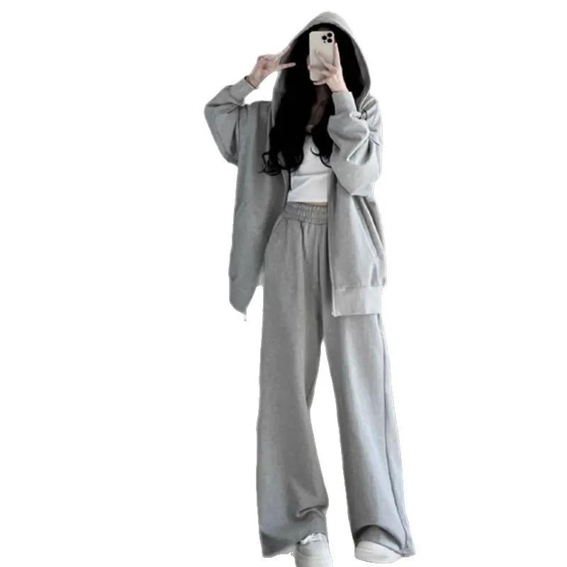 Women's Sporty Casual Fitness Set Spring Autumn Loose Wide Leg Pants Hoodie Jacket Two Piece Suit Comfortable Lazy Style