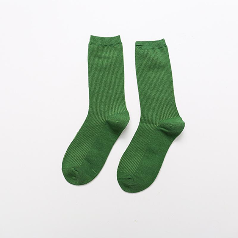 Dámské bavlněné ponožky střední délky v japonském stylu - Podzim/Zima, Jednobarevné černé, Trendy délka do půli lýtek.